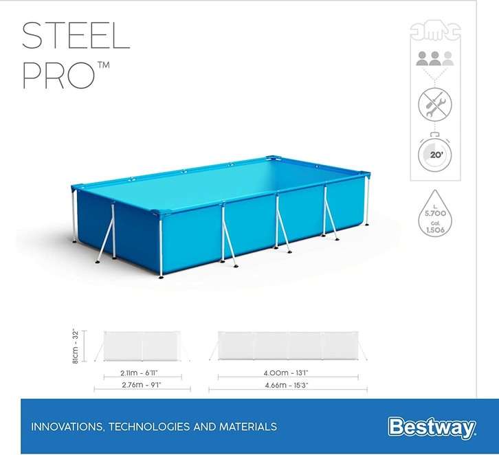 $ 10 DISPONIBLE A PARTIR DEL DÍA 9 DE JUNIO SÓLO ENVÍOS A PENÍNSULA Tamaño: 400 x 211 x 81 cm Construcción de acero tubular con revestimiento de protección contra la corrosión. Detalles técnicos Peso del producto 33 Kg Dimensiones del producto 30 x 36 x 105 cm Edad mínima recomendada (por el fabricante) 18 años y más Tipo(s) de material Poliuretano Color Azul Descripción del producto Tamaño:400 x 211 x 81 cm Descripción del producto Otras características: Altura: 810 mm Altura del paquete: 1050 mm Altura interna: 73 cm Ancho: 4660 mm Ancho del paquete: 360 mm Ancho interno: 4 m Cantidad mínima del pedido: 1 pieza(s) Capacidad: 5700 L Color del producto: Azul Cuadro: Si Forma: Rectangular Instrucciones de instalación: Si Material: PVC Número de personas necesarias para la configuración: 3 personas(s) Parche de reparación incluido: Si Peso del paquete: 32,4 kg Profundidad: 2760 mm Profundidad del paquete: 300 mm Tiempo de instalación: 20 min Tipo de embalaje: Caja Volumen del paquete: 0,113 m³ Contenido de la caja (Contents: una piscina).Bestway siempre contigo Nuestro objetivo principal es tu diversión, por eso trabajamos para llevarte nuestros productos a tu jardín, patio o terraza, para que puedas disfrutar de tu tiempo libre. 56405 Piscinas Steel Pro by Bestway Te presentamos nuestra generación de piscinas sin instalación Steel Pro. Los materiales que se han usado para su construcción están diseñados especialmente para aportar durabilidad y estabilidad a nuestras piscinas. Tienen el tamaño perfecto para poder instalarlas en tu jardín o patio y disfrutarlas durante el verano sin complicaciones, ni engorrosos sistemas. Infinitas posibilidades de diversión al sol Nuestra generación de piscinas sin instalación Steel Pro Series, están diseñadas para que puedas disfrutar de las ventajas de tener en tu jardín una piscina sin tener que sufrir los inconvenientes de los modelos de obra. Puedes desmontarla cuando llegue el invierno o cuando necesites más espacio en tu jardín y montarla nuevamente cuando lo requieras. Bestway significa verano No lo dudes, hazte con una y empieza a disfrutar de los días al sol. Saca el máximo provecho a tu patio o jardín instalando una este verano. Características principales Instalación sencilla sin herramientas Fabricada en material Tritech ultra resistente Válvula de drenaje de control de flujo incorporada (con el adaptador incluido) Parche de reparación adhesivo subacuático Paredes laterales de 3 capas de PVC resistente y poliéster Marcos de metal resistente a la corrosión Tamaño: 400x211x81cm Capacidad para 5.700 litros al 90%Máxima durabilidad: Tritech ultra resistente y acero Construida en material Tritech, un material reforzado de 3 capas con un núcleo de malla de poliéster encerrado entre dos capas de material de PVC de alto calibre. Esto crea un espesor total de 0.40-0.80mm (16-32 calibre) dependiendo del tamaño de la piscina, ofreciendo fuerza y durabilidad superior. Además, incluye un marco de acero al carbono que aporta estabilidad.Sin herramientas. Fácil montaje Para el montaje o desmontaje no necesitarás herramientas, nuestro sistema de fácil ensamblaje proporciona simplicidad al proceso. Además nuestras piscinas incluyen una válvula de vaciado para desmontarla aún más fácilmente.