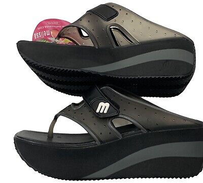 Melissa Brazilian Black "Grendene Rock Thong" Wedge, Sandals, Platform Shoes 8