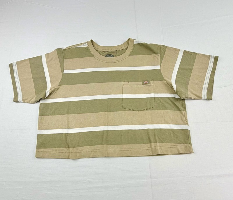 Dickies Women’s Cropped Striped Pocket T-Shirt Olive Tan White Tee Large