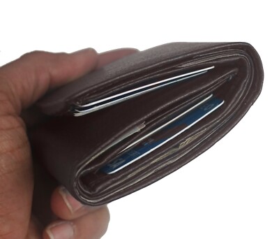 Trifold Cowhide Leather Mens Wallet Heavy Duty Credit Card ID Holder Slim Brown