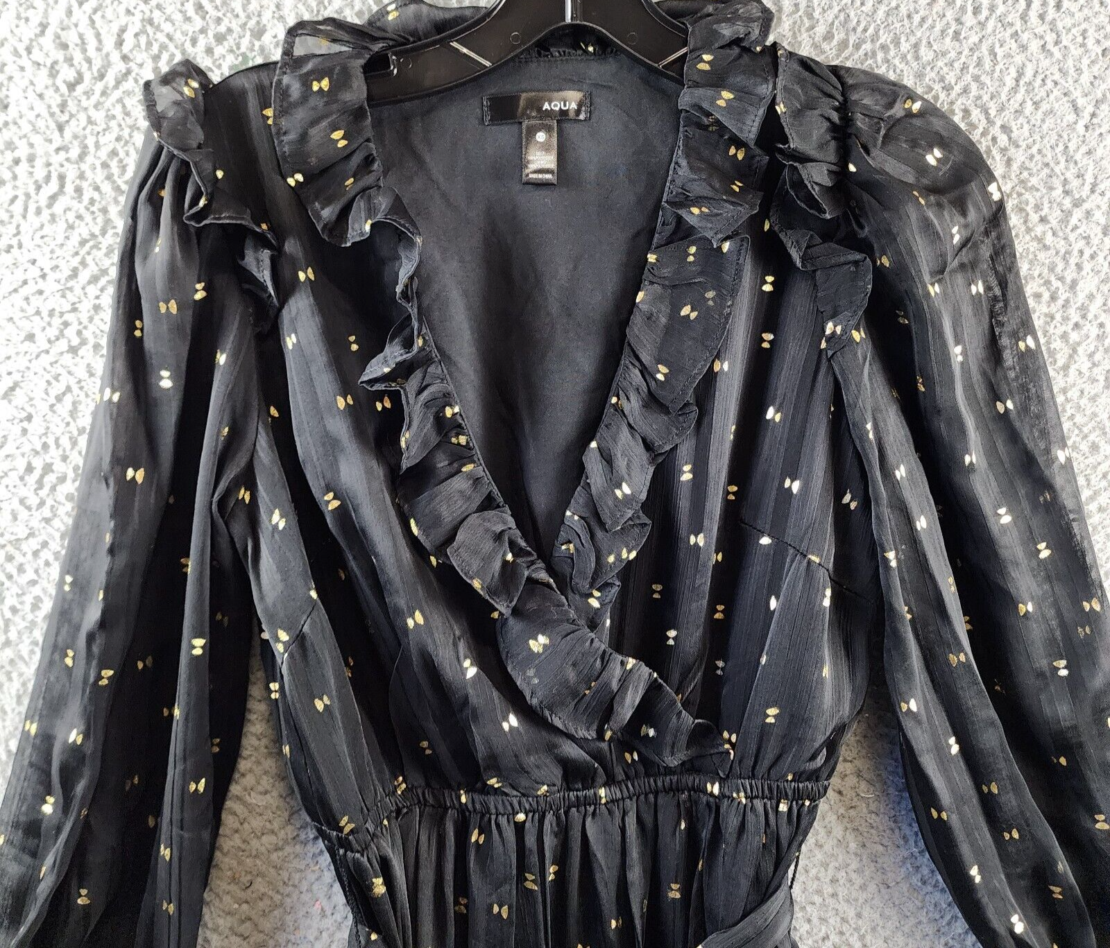 AQUA Ruffle Trim Clip Dot Midi Wrap Dress Women's XS Black/Gold Long Sleeve - Picture 3 of 14
