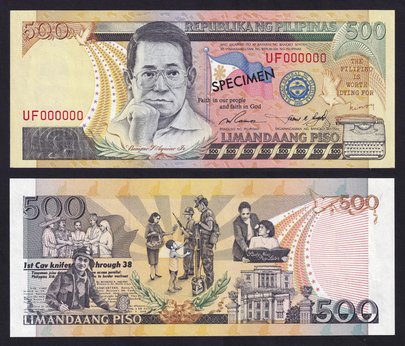 NEW DESIGN 500 Pesos SPECIMEN RED SERIAL SOLID NO. UF000000