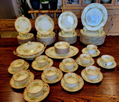 Noritake Mystery? 12 Set Gold Trim Dinner Plates Soup Tureen Tea Cup Saucer 75pc