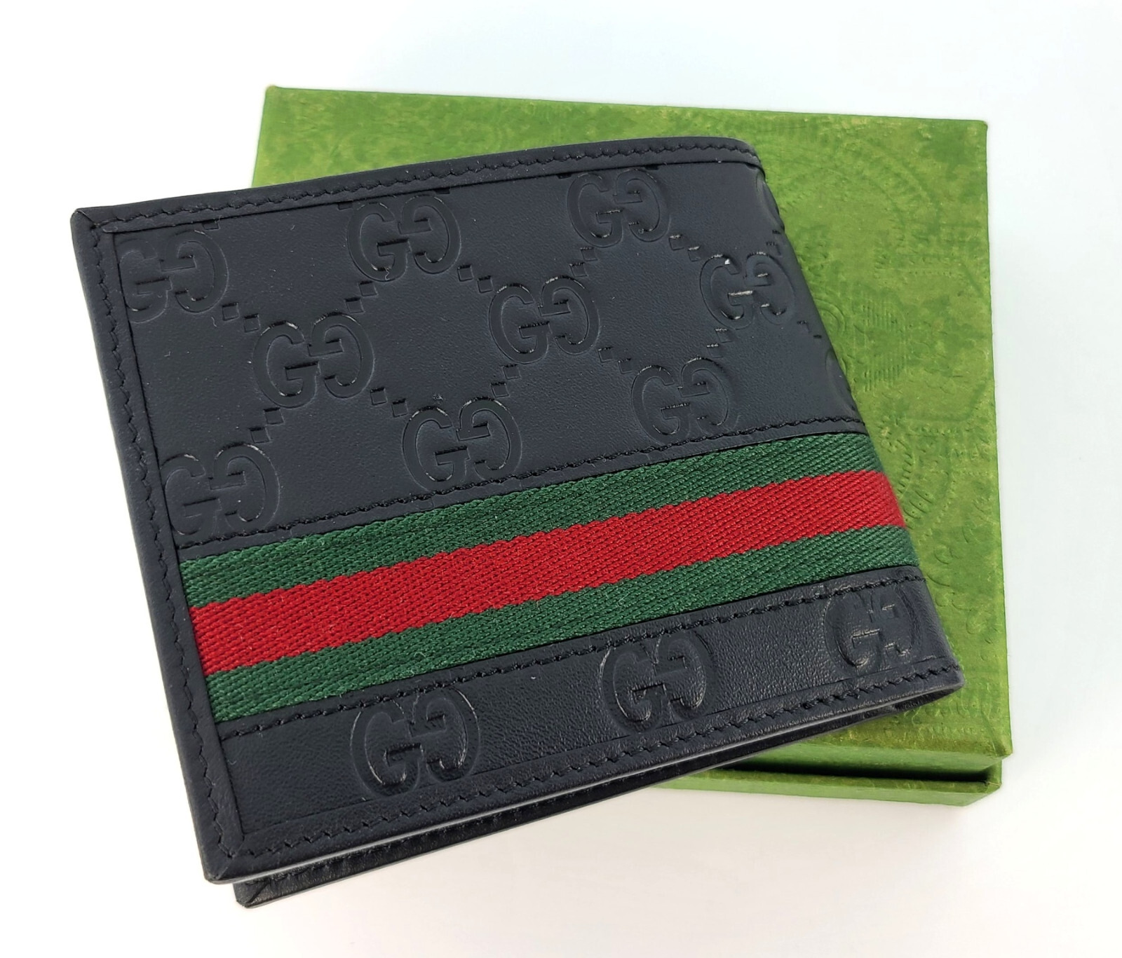 Pre-owned Gucci Mens Black Bi Fold Web Strip Red Green Gssima Wallet With Box