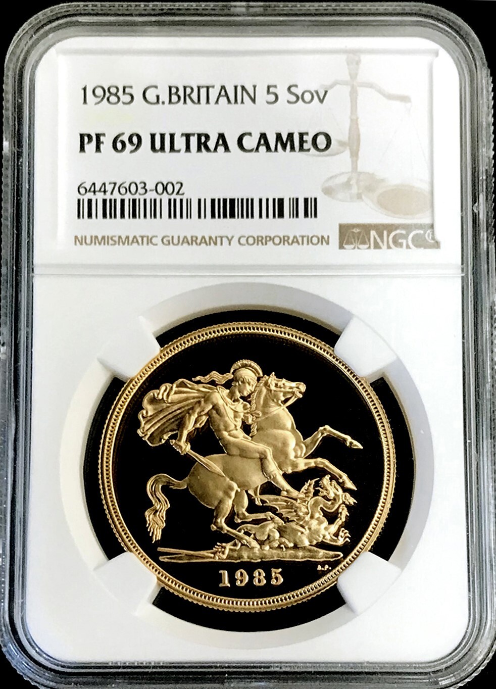 1985 GOLD GREAT BRITAIN 6130 MINTED PROOF 5 POUNDS SOVEREIGN