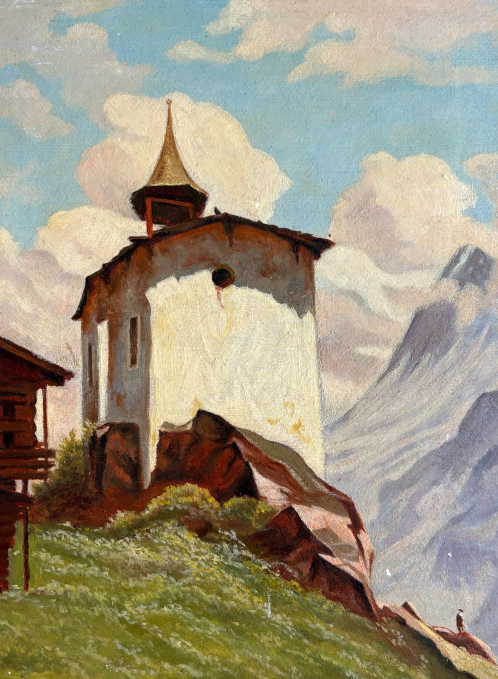 Landscape Mountain Church People Nature - Antique Painting Original