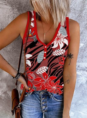 Tampa Bay Buccaneers Womens V-Neck Tank Tops Ribbed 3-Button Sleeveless Shirts