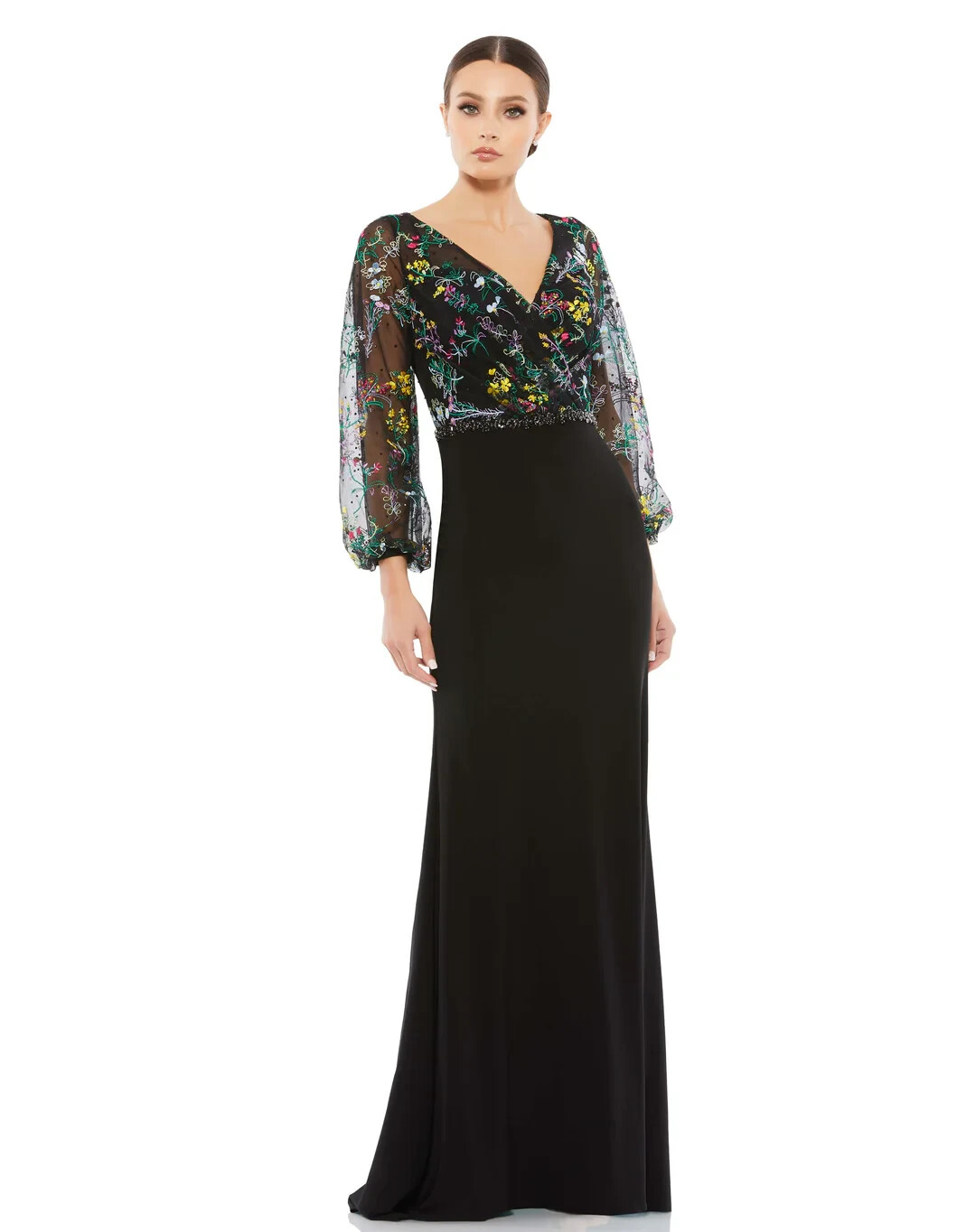 MAC DUGGAL Черное прозрачное платье из сетки с цветочной вышивкой и стразами с длинным рукавом 6 US