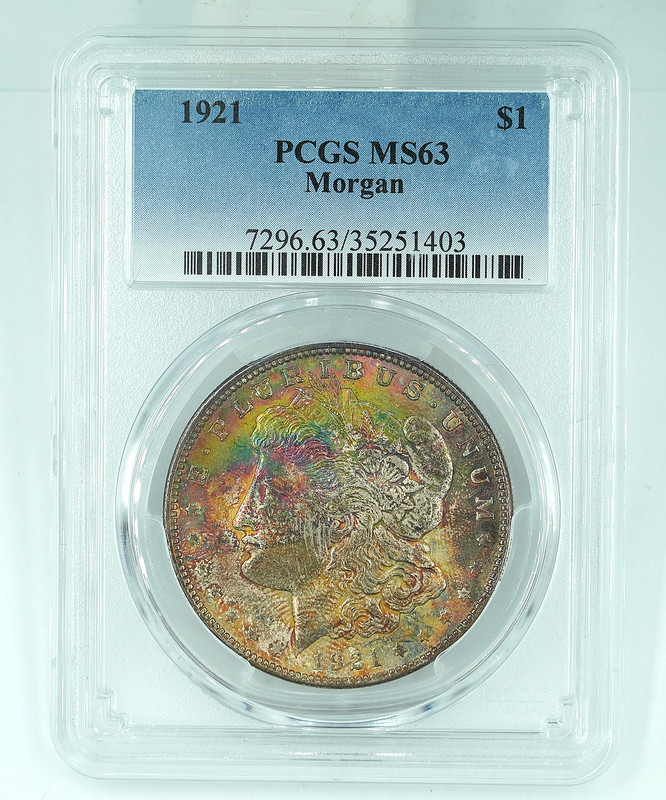 1921 PCGS MS63 Morgan Silver Dollar Rainbow Colorful Toning