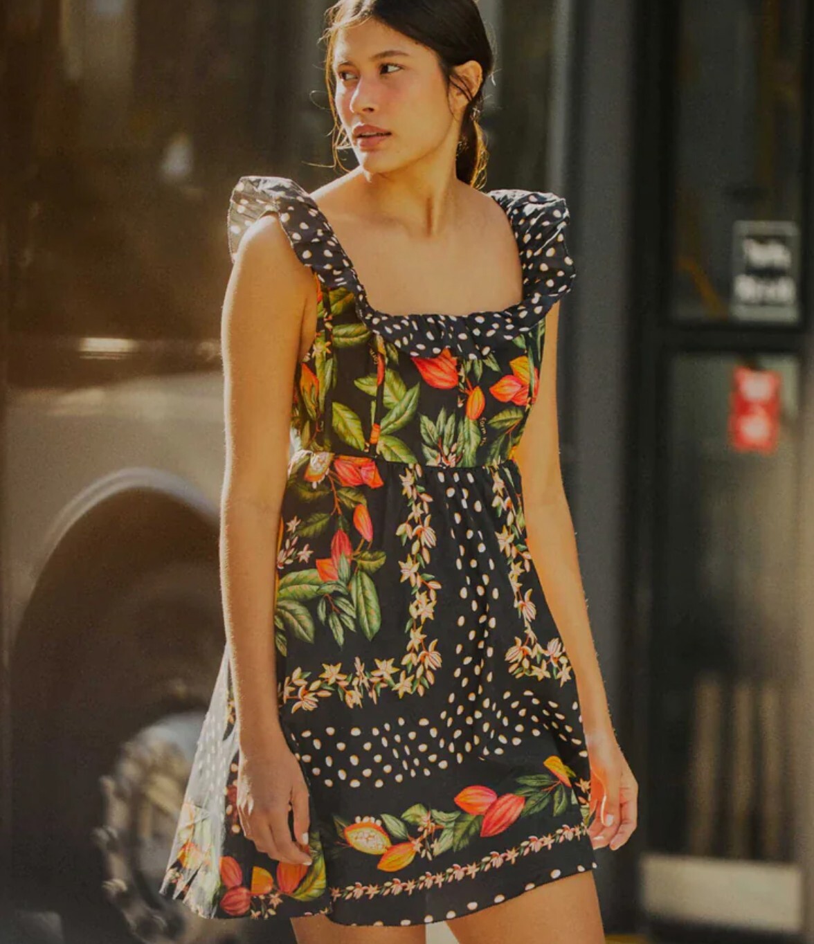 FARM RIO New Cocoa Paradise Mini Dress Ruffle Floral-Border