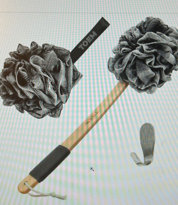 Toem Charcoal Bamboo Loofah With Wooden Long Handle,  Shower Pouf & Hook,
