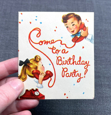 Vintage 1950's Birthday Party Invitation Card Unused Red Telephone Boy and Girl