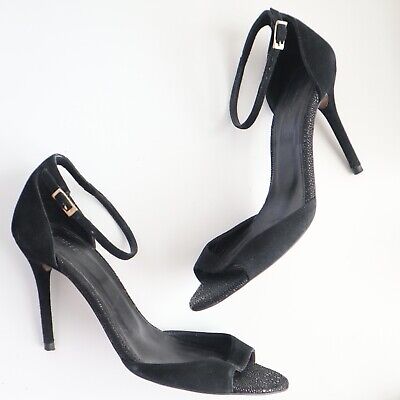 Whistles Size 40 US 9 Open Toe Ankle Strap Stiletto High Heel Black Suede