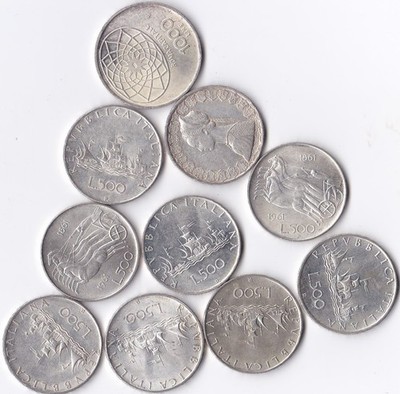 Italia 10 monete da 500 Lire arg.carav+Cent.+ Dante +1000 concor FDC da rotolino