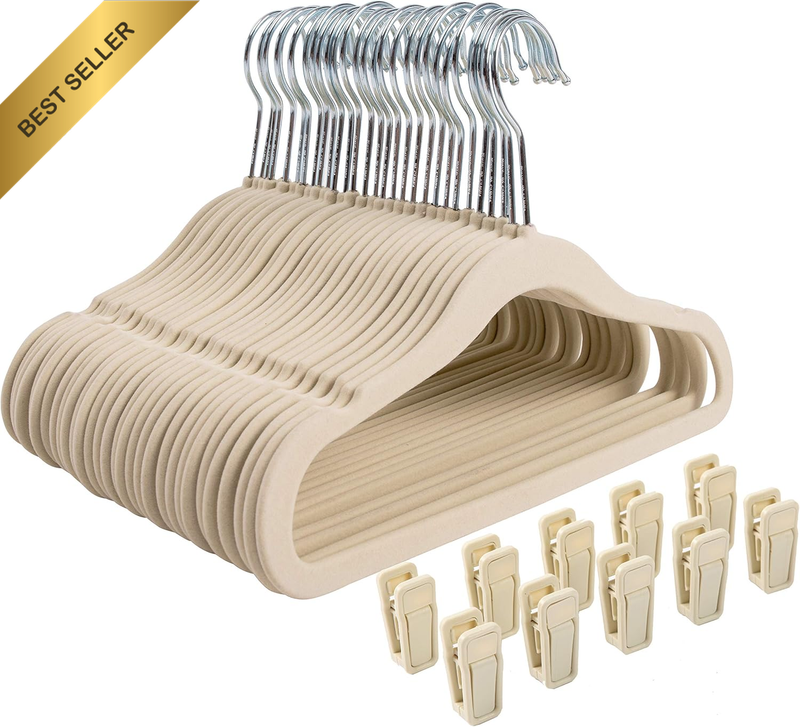 Beige Velvet Baby Kids Hangers 30 Pack Non-Slip with 10 Finger Clips