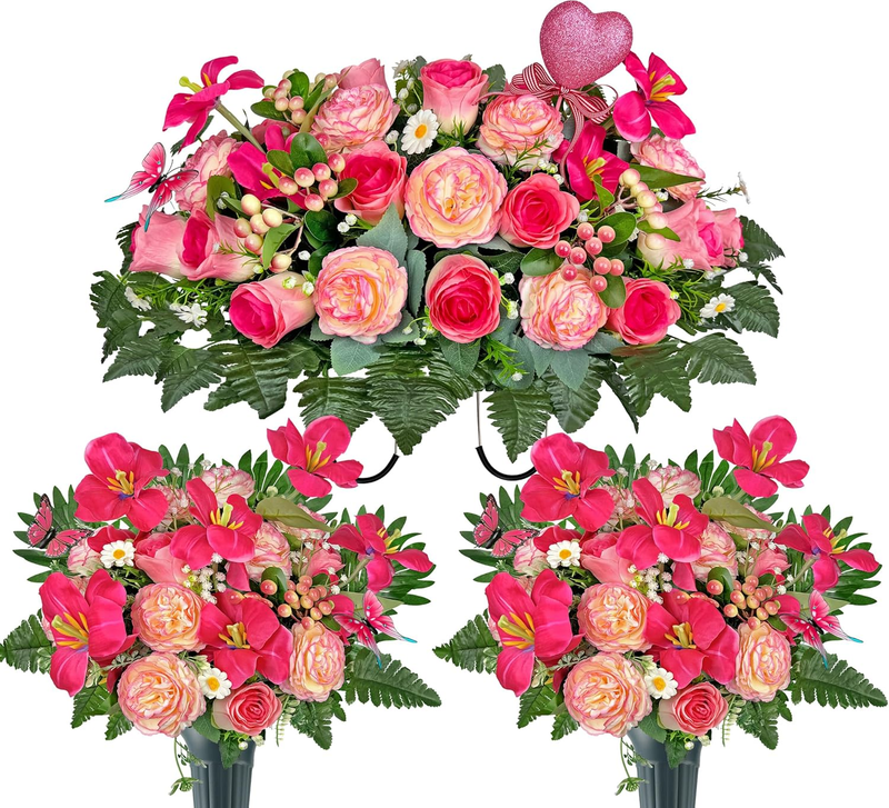 Artificial Cemetery Flower Bouquet with Grave Vase and Headstone Flower Saddle for Tombstone Decoration-Tulips in Bloom Pink Ranunculus,Easy Fit and Colorfast