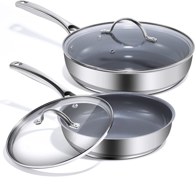 Nonstick Frying Pan Skillet Set with Lids Stainless Steel Deep Chef Fry Pans wit