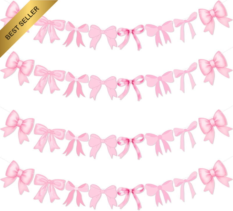 4Pcs Pink Bow Garland Banner, Pre-Strung Party Decorations for Girls Birthday, B