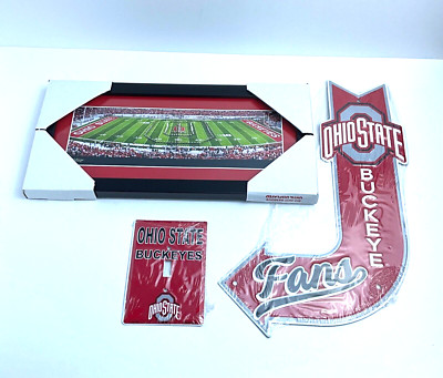 OHIO STATE BUCKEYES FAN BUNDLE   PANORAMIC PICTURE, TIN LIGHT COVER, TIN ARROW 