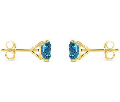 Pre-owned Shine Brite With A Diamond 3 Ct Round Cut Blue Earrings Studs Solid Real 14k Yellow Gold Push Back Martini
