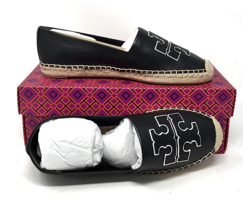 Pre-owned Tory Burch Ines Espadrille Leather Flat Black Silver Shoes, Us 8.5