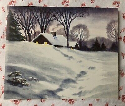 Vintage Mid Century UNUSED Christmas Greeting Card House Snowy Evening Woods
