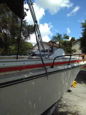 24 foot fishing Boat & Trailer 69 Stamas 300 evinrude sold as is