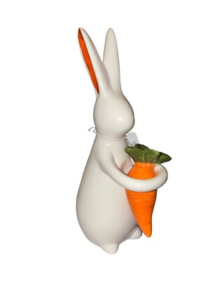 Transpac White BUNNY RABBIT Carrot Ceramic 7.5'' Spring Easter Figure New