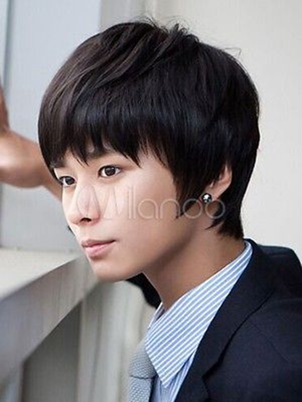 Korean Star Style Fashion Man Black Straight Human Hair Wig 100