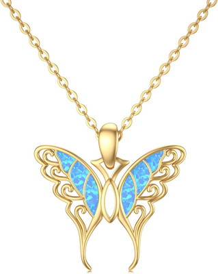 14K Real Gold Butterfly Necklace with Blue Opal for Women Teen Girls,Yellow Gold