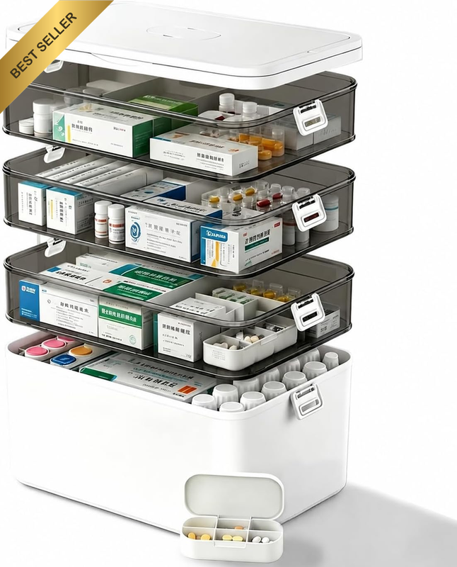 4-Tier L Medicine Organizer Box with Bonus 6-Day Pill Case - Portable First Aid