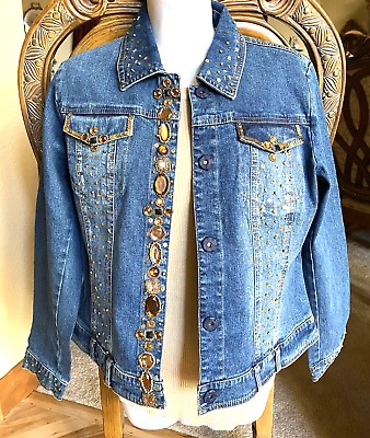 Designer Denim Jean Jacket BERER COLLECTION Takako Sakon Sequin Rhinestones