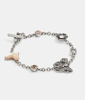 NWT Coach Tea Rose Floral And Butterfly Stone Bracelet Silver Plated CG165