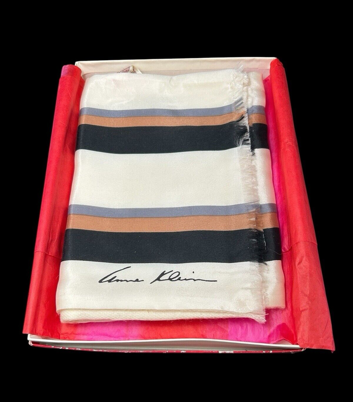 Vintage Anne Klein Silk Wool Rectangle Scarf Womens Ivory Stripe 52x8 New W Tag