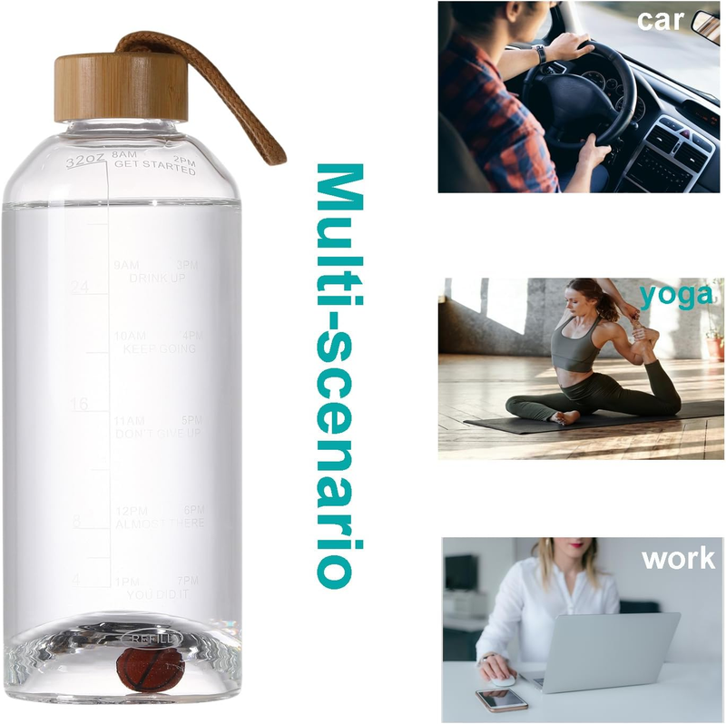 32 Oz Clear Water Bottle, Glass Water Bottles with Bamboo Lid, Leakproof Motivat
