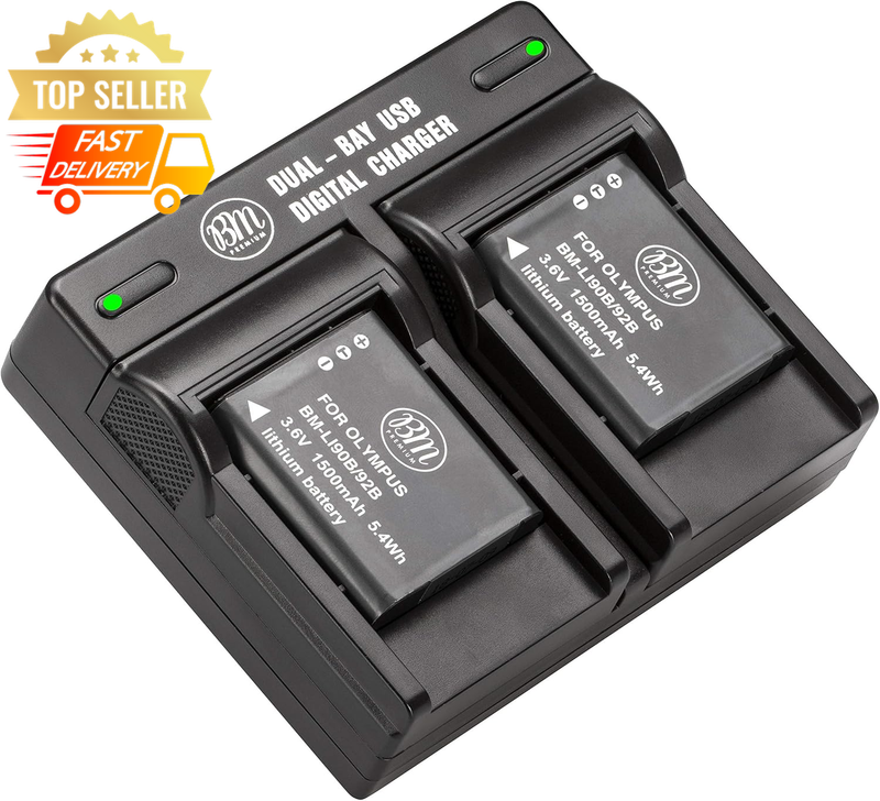 BM Premium 2 LI-90B, LI-92B Batteries + Dual Charger for Olympus Tough TG-6