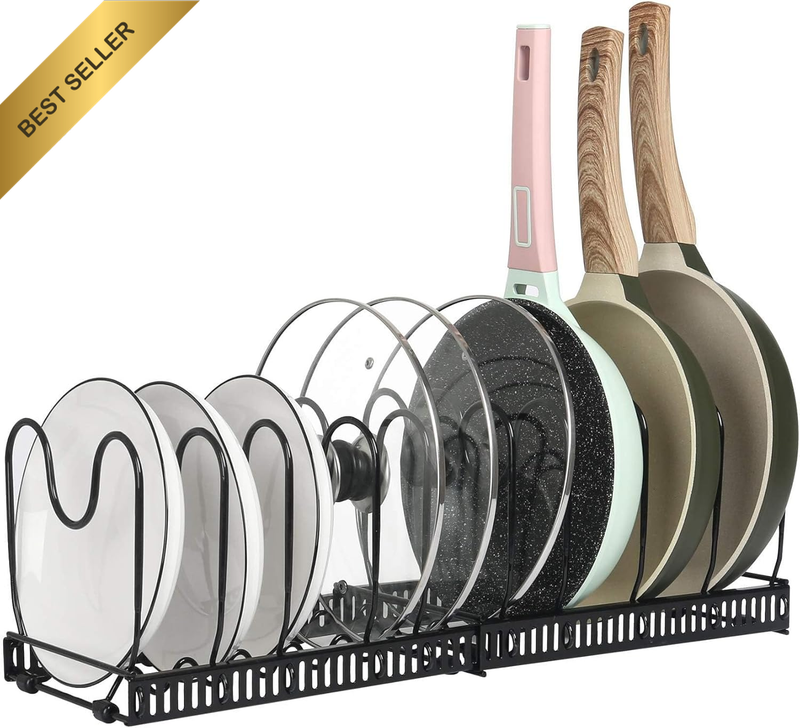 Expandable Pot Rack - Pan Organizer for Cabinet, Lid Holder with 10 Adjustable C