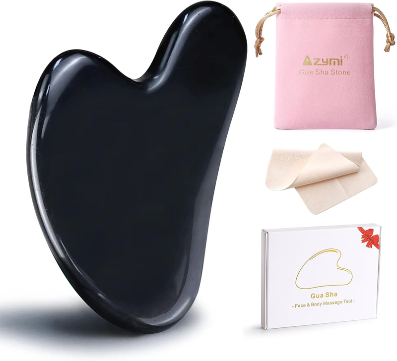 Black Gua Sha Facial Tool, Natural Stone Scraping Board for Face Sculpting, Puff