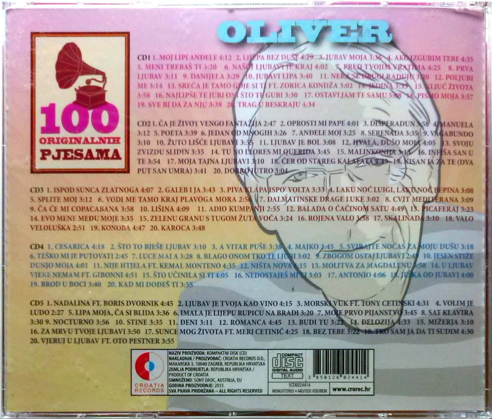 5CD OLIVER DRAGOJEVIC - 100 ORIGINALNIH PJESAMA compilation 2013 cro records