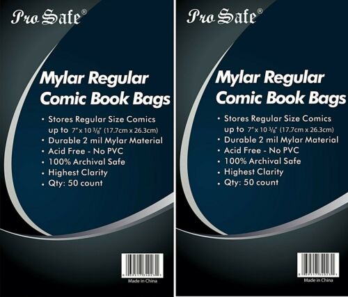 100 Mylar REGULAR Comic Book Bags Acid Free, 2 Packs of 50 Comic Bags 
