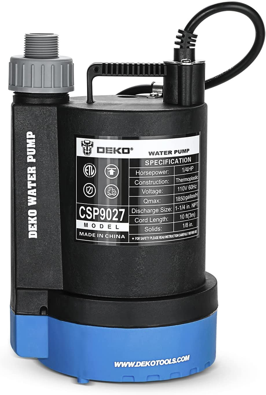 Submersible Water Pump 1/4 HP 1850GPH Thermoplastic Utility Pump Electric Portab