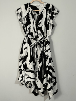 DKNY Pure Linen Printed Cap-Sleeve Asymmetrical Shirtdress Tie Waist 14