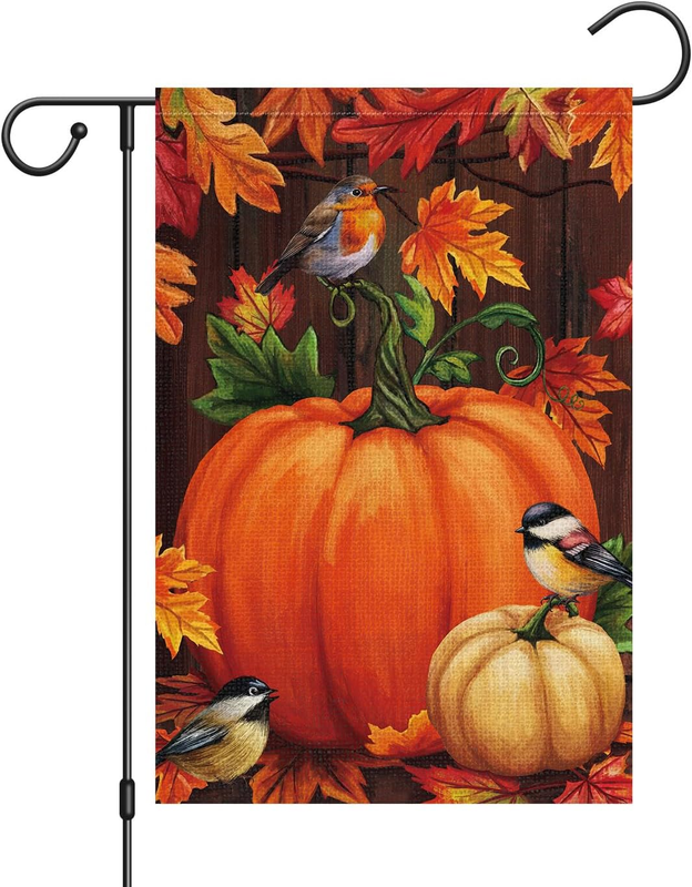 Fall Garden Flag 12X18 Inch Double Sided outside Flag Thanksgiving Pumpkin Birds