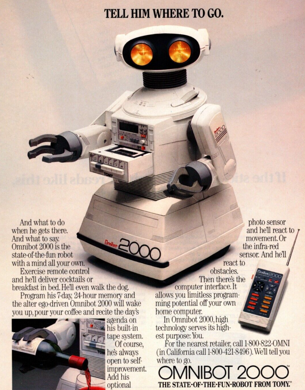 1984 TOMY OMNIBOT 2000 PRINT AD, PROGRAMABLE ROBOT, COMPUTER