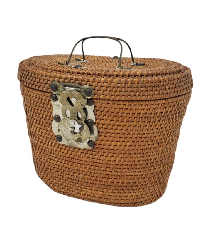 Vintage Wicker Teapot Basket Oriental Woven With Brass 1920