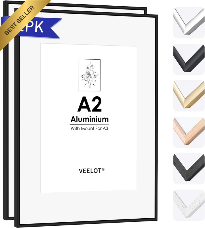 A2 Picture Frame Black Aluminum Set of 2，Ncludes HD Plexiglass | Displays A3 wit