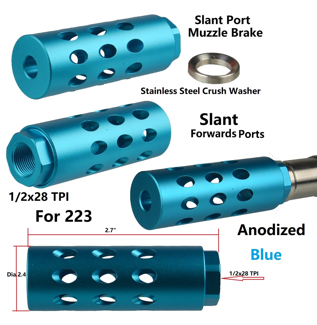 Blue Slant Forwarder Port Low Concussion Muzzle Brake