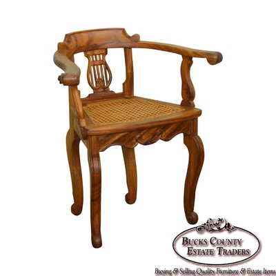 Anglo Indian Solid Padauk Wood Carved Lyre Back Cane Seat Arm Chair
