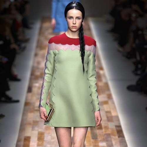 VALENTINO RED AND GREEN SCALLOP EDGE WOOL DRESS SIZE IT 40