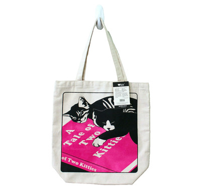 Love Lit A Tale of Two Kitties Cat Canvas Cotton Tote Bag Cream